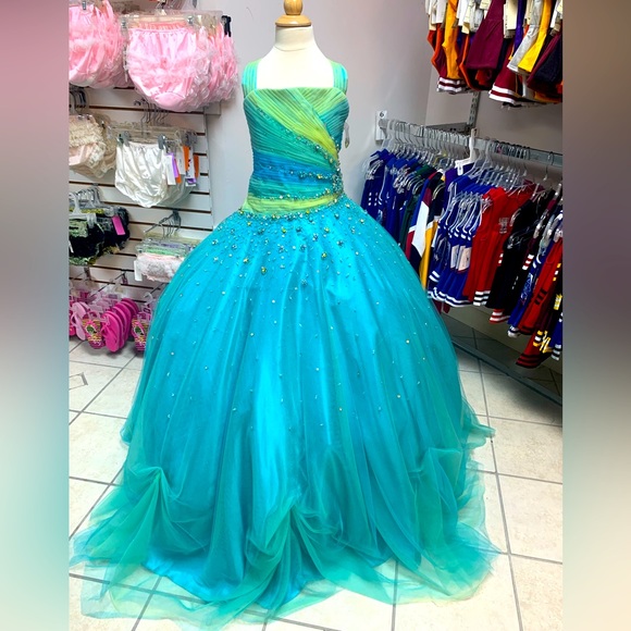 Childs Size 4 Perfect Angel Blue & Green Beaded Long Pageant Ballgown Dress NWT